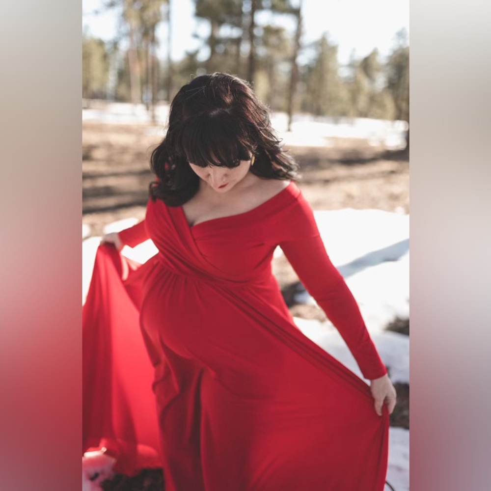 Elegant Red Maxi Dress Maternity Photoshoot
